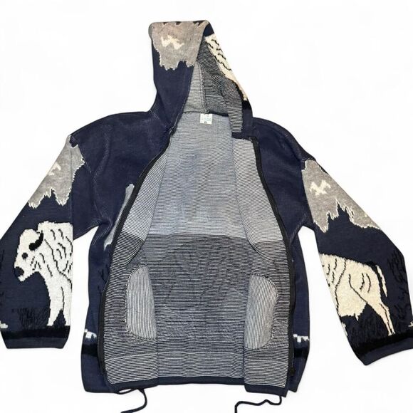 Men’s XL Yari Artesanias Wool Sweater Jacket Hoodie Full Zip Buffalo Design Ecua - Picture 5 of 5